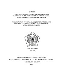 Image of PENENTUAN FREKUENSI NATURAL DAN RESONANSI BANGUNAN DI WILAYAH BANTEN DAN DKI JAKARTA MENGGUNAKAN ANALISIS MIKROTREMOR